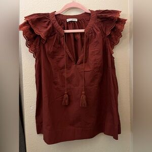 Ulla Johnson Rust Tassel-Tie Cotton Eyelet Sleeve Top